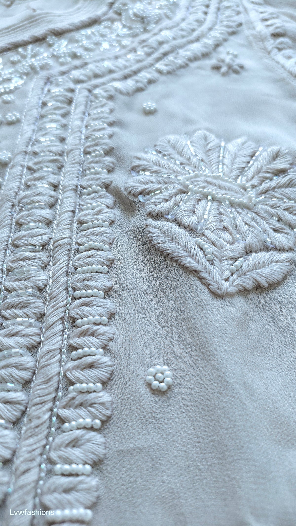 Noori Powder Brown Georgette Chikankari Kurta with Cutdana embroidery, handmade by LVW Fashions, showcasing intricate Lucknow chikankari.