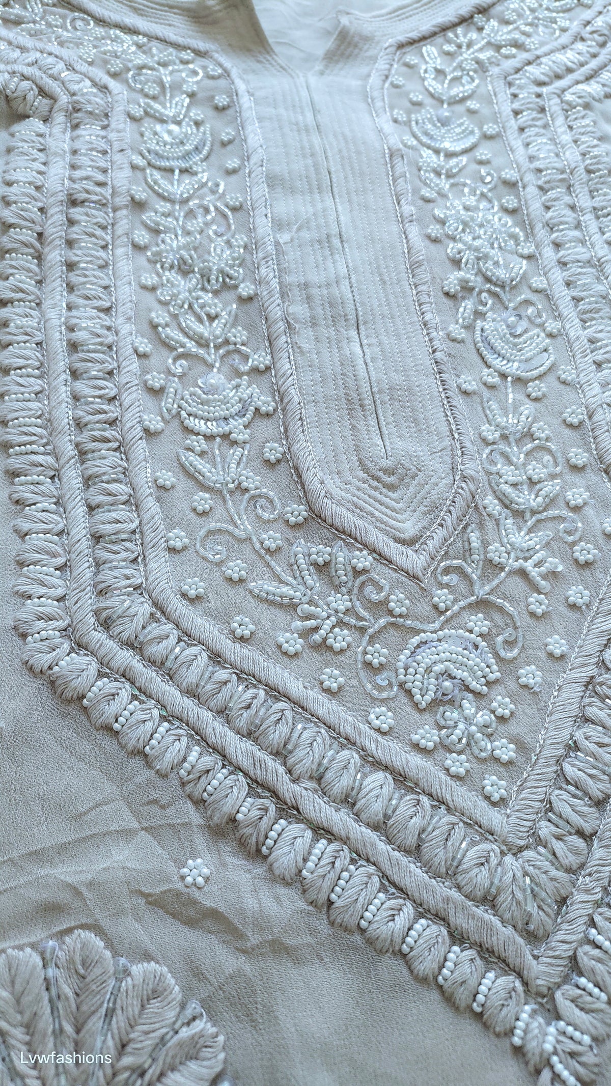 Noori Powder Brown premium georgette Chikankari Kurta with cutdana embroidery, handmade Lucknow Chikankari by LVW Fashions.