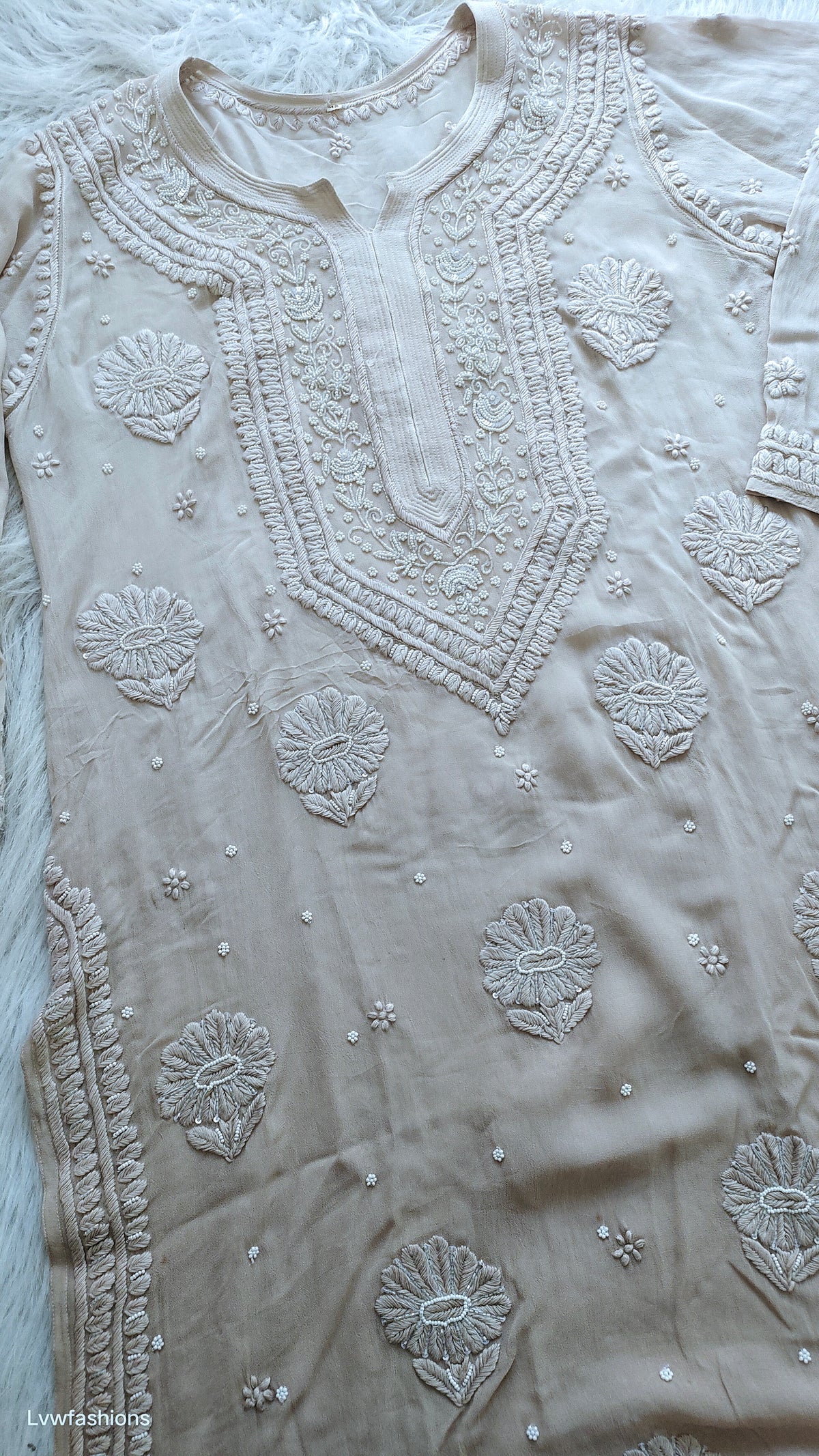 Noori Powder Brown Georgette Chikankari Kurta with Cutdana embroidery, handmade by LVW Fashions, featuring traditional Lucknow craftsmanship.