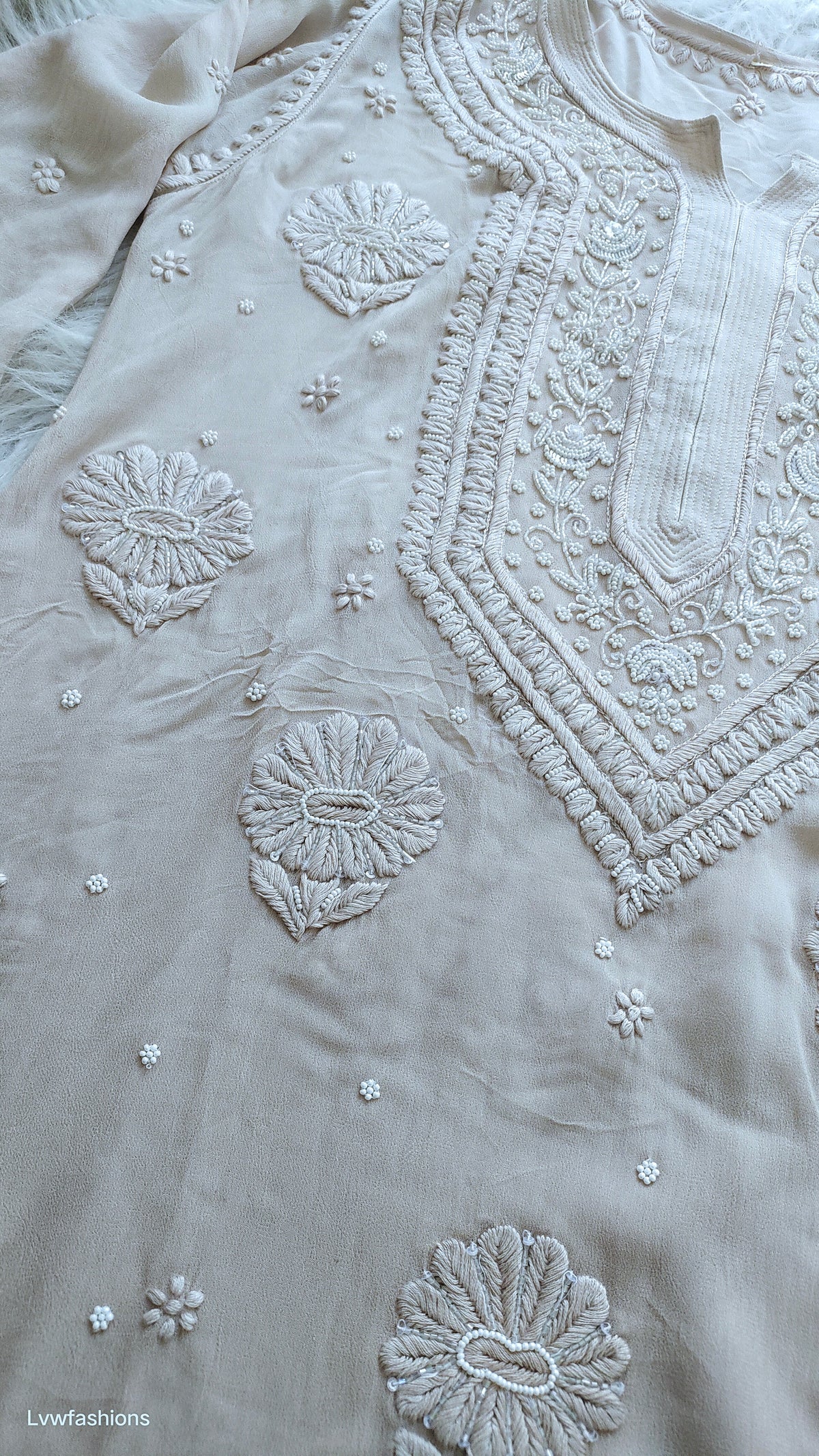 Noori Powder Brown premium Georgette Chikankari Kurta with Cutdana embroidery, handcrafted by LVW Fashions from Lucknow.