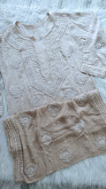 Noori Powder Brown premium Georgette Chikankari Kurta with Cutdana embroidery, handmade by LVW Fashions, featuring Lucknow chikankari design.