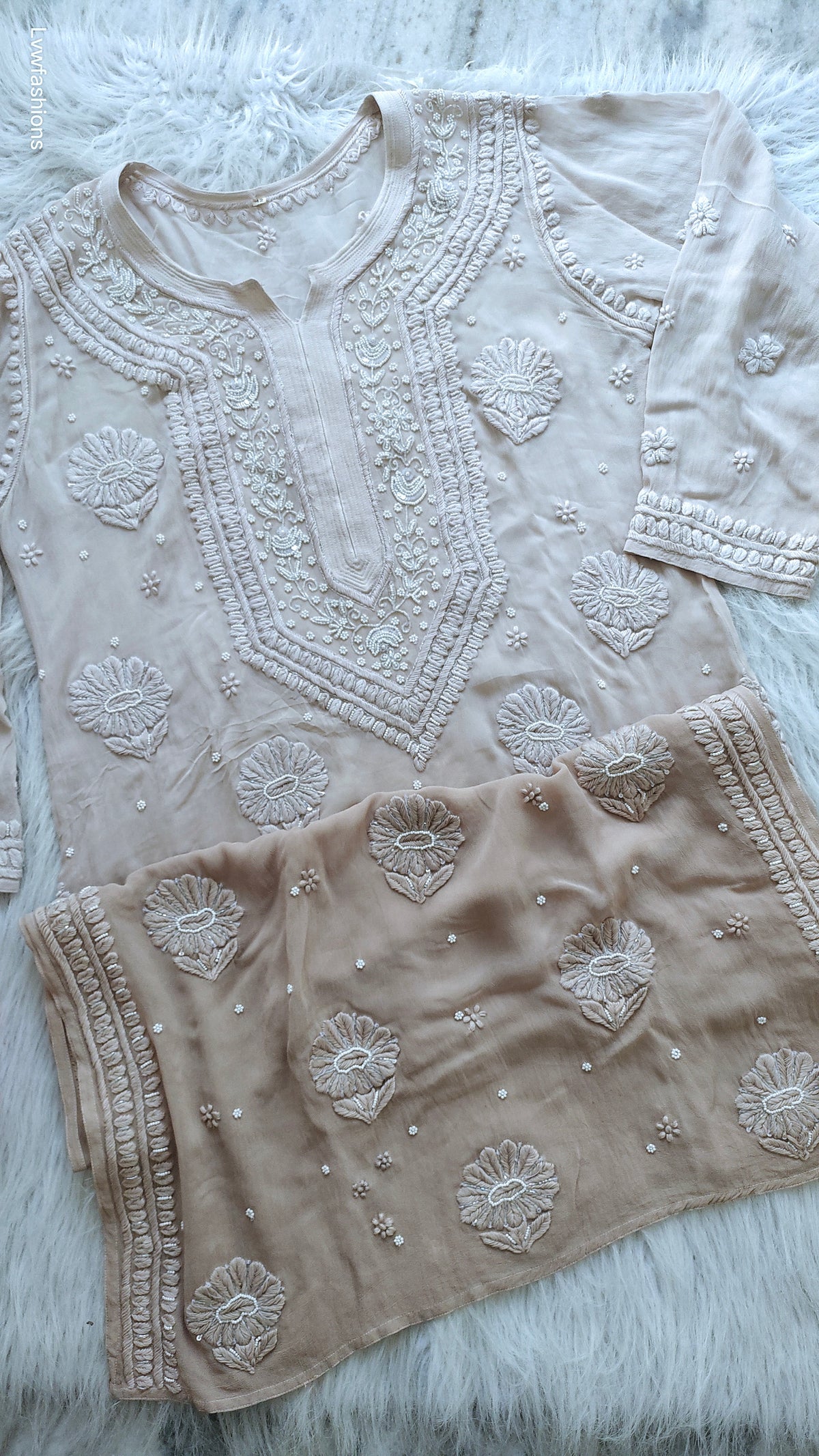 Noori Powder Brown premium Georgette Chikankari Kurta with Cutdana embroidery, handmade by LVW Fashions, featuring Lucknow chikankari design.