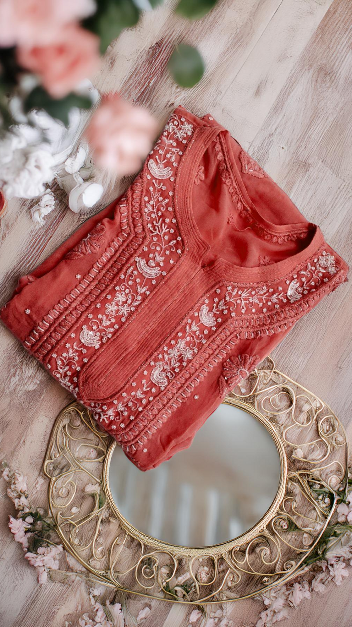 Noori premium georgette Chikankari kurta by LVW Fashions featuring pearl and cutdana embroidery in traditional Lucknow style.