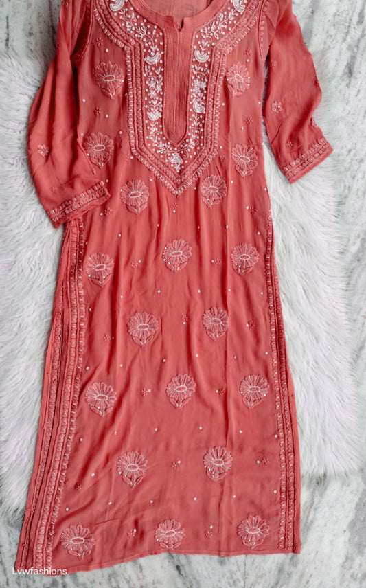 Noori premium georgette Chikankari kurta by LVW Fashions with pearls and cutdana embroidery, handcrafted Lucknow Chikankari design.
