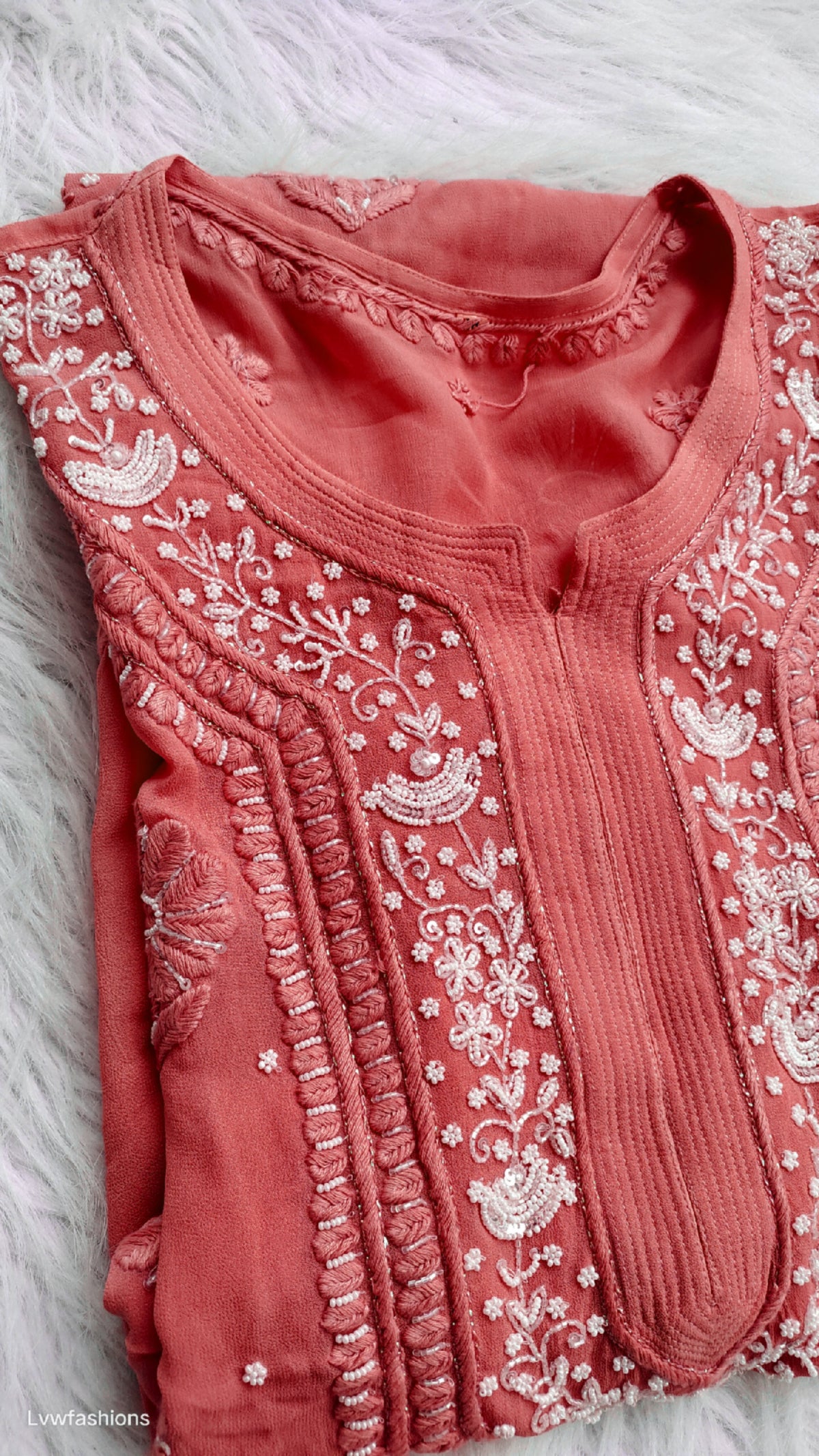 Noori Premium Georgette Chikankari Kurta by LVW Fashions featuring intricate pearls and cutdana embroidery, handmade in Lucknow.