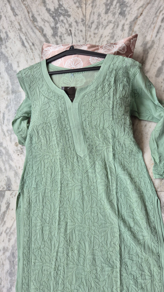Noori Premium Georgette Chikankari Long Kurta by LVW Fashions featuring intricate handmade Lucknow chikankari embroidery.