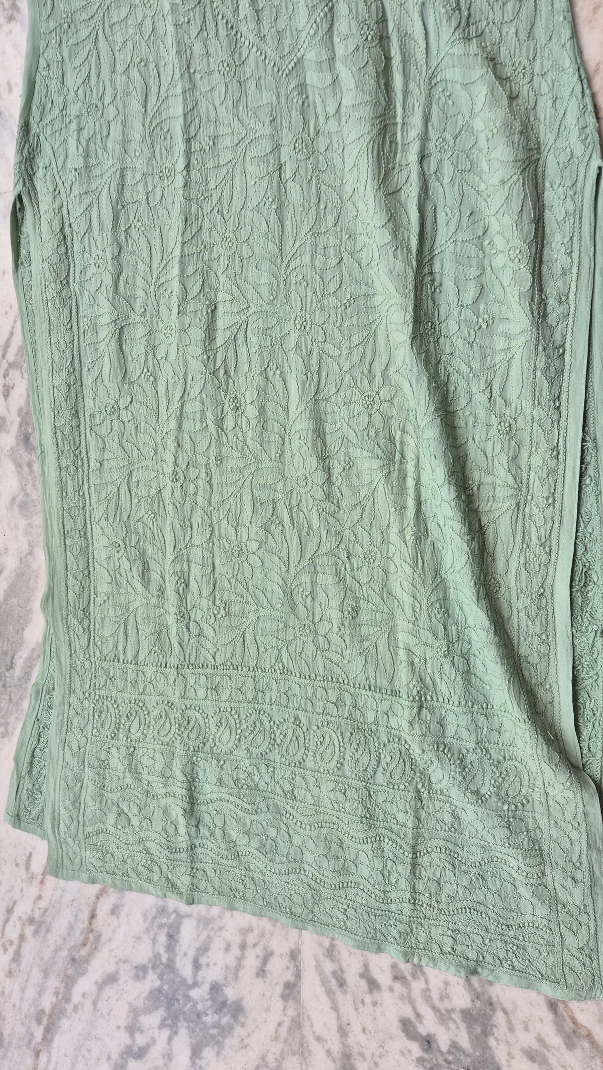 Noori Premium Georgette Chikankari Long Kurta by LVW Fashions, handcrafted Lucknow chikankari with intricate embroidery, in soft fabric.