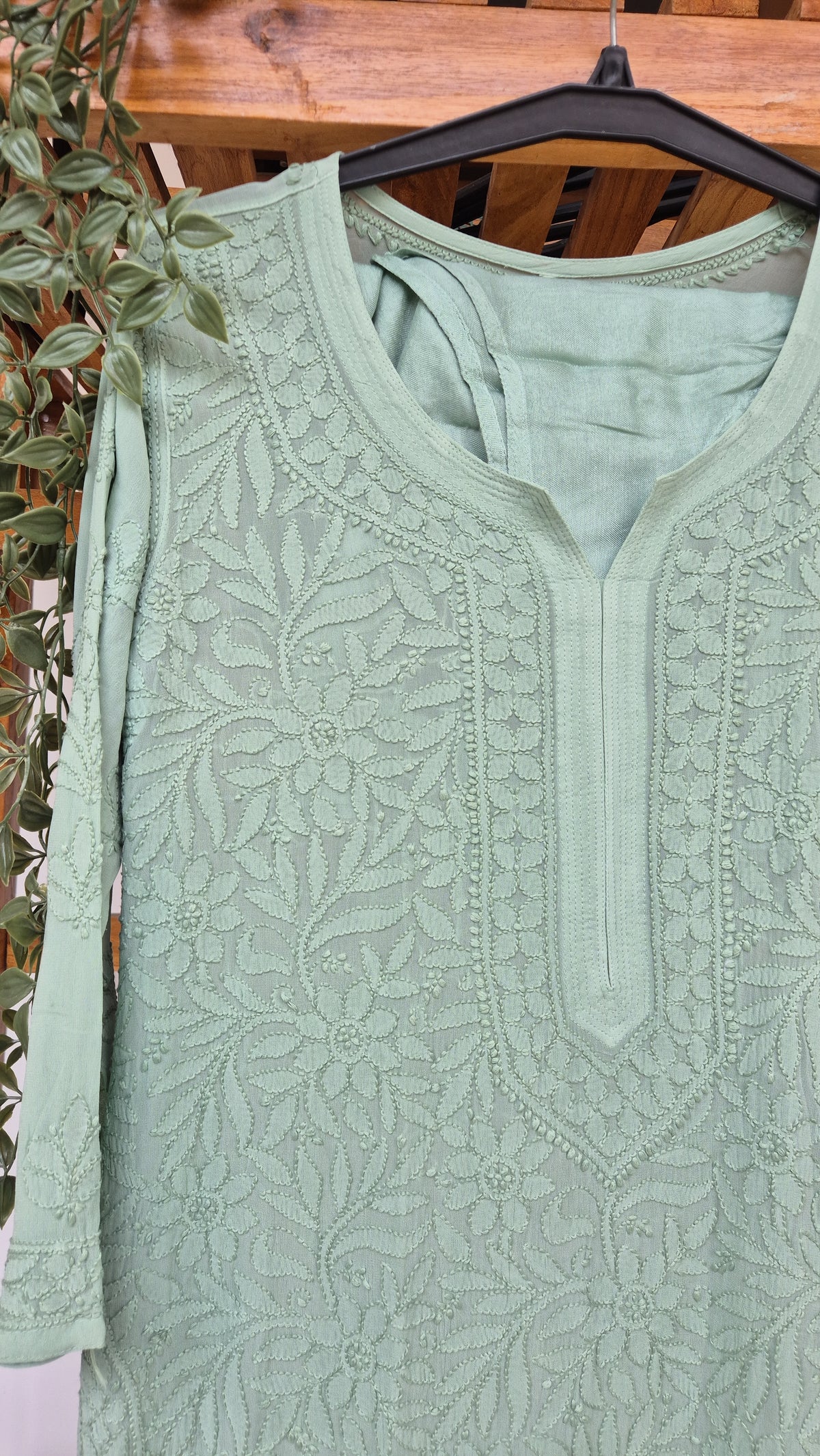 Noori premium georgette long kurta with intricate handmade Lucknow chikankari embroidery by LVW Fashions.