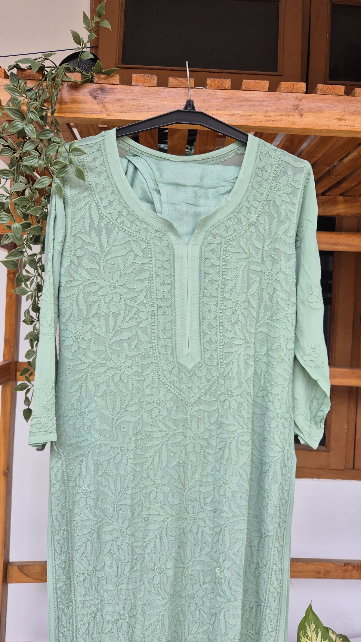 Noori premium georgette long kurta with intricate handmade chikankari embroidery by LVW Fashions, traditional Lucknow-style design.