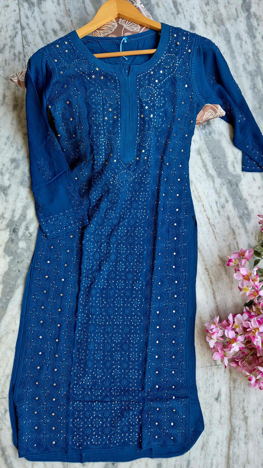 Noori premium georgette long kurti with intricate chikankari and kamdani embroidery, handmade by LVW Fashions, in luxurious design.