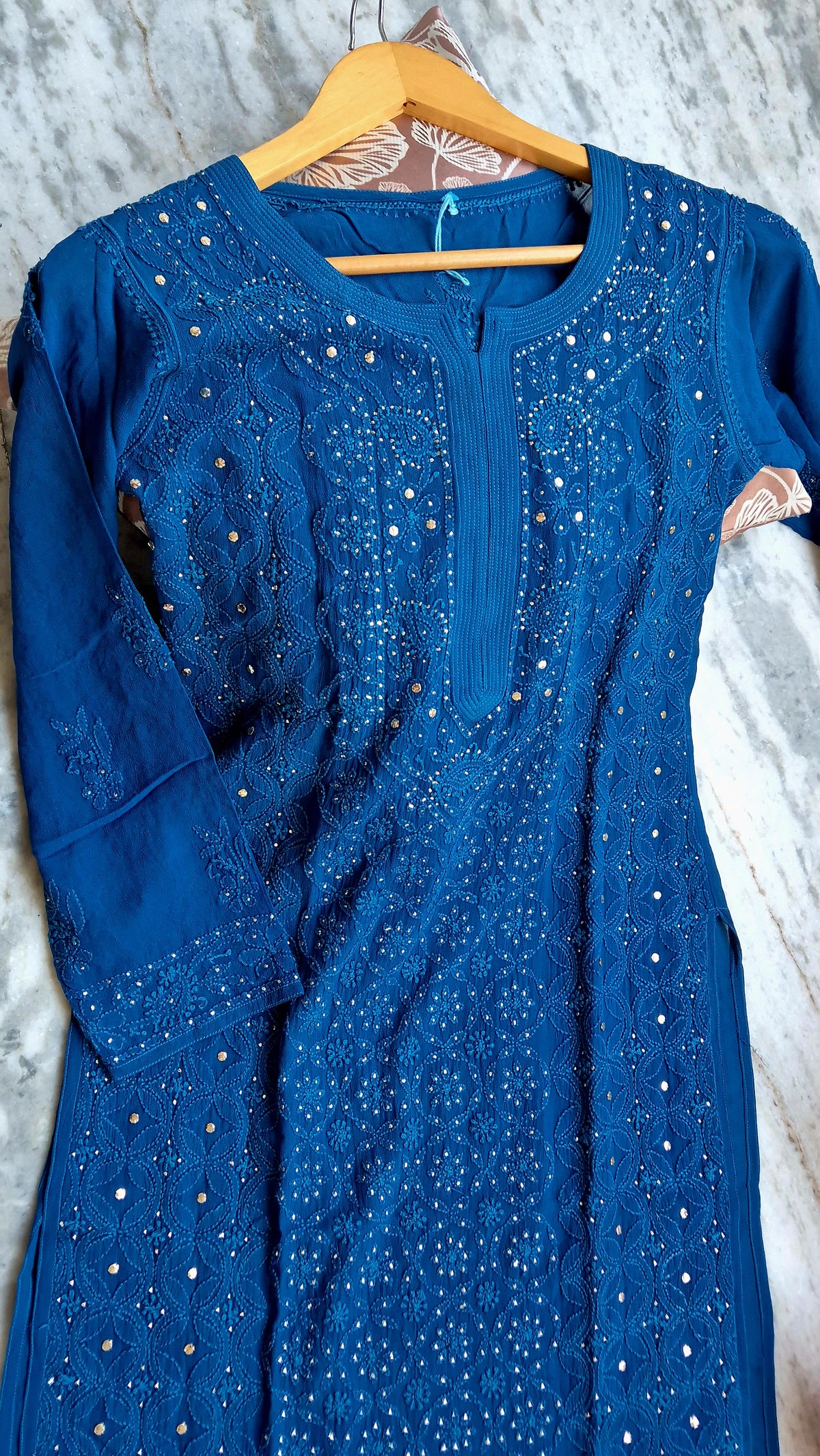 Noori premium georgette long kurti with luxurious Lucknow chikankari and kamdani embroidery, handmade by LVW Fashions.