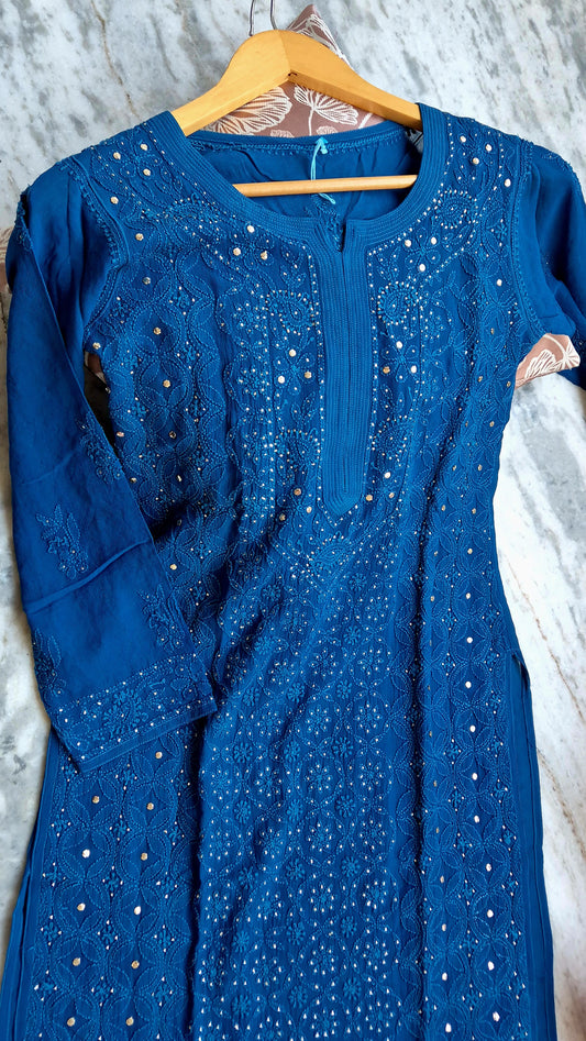 Noori premium georgette long kurti with luxurious Lucknow chikankari and kamdani embroidery, handmade by LVW Fashions.