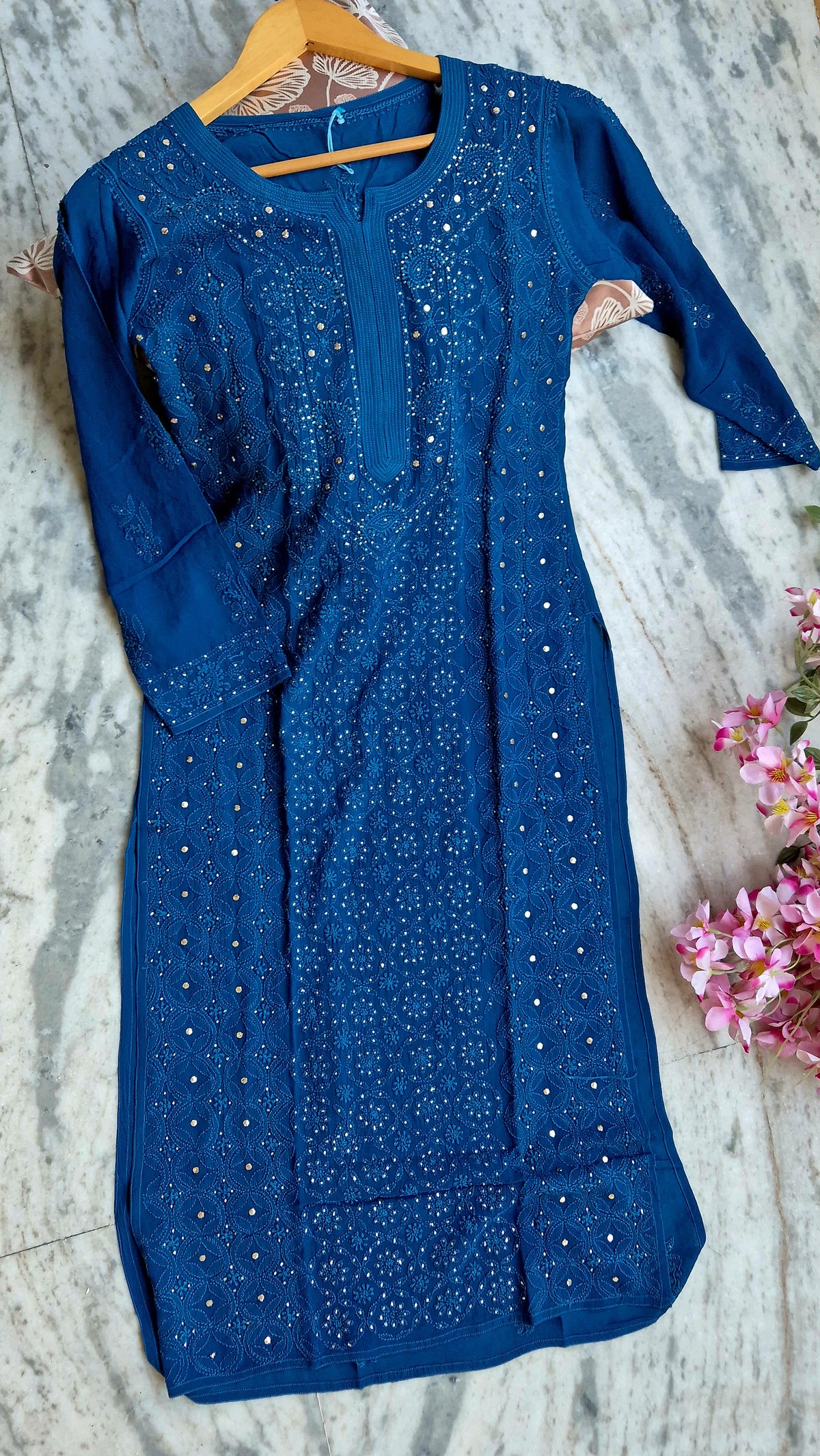 Noori premium georgette long kurti with luxurious chikankari and kamdani embroidery, handmade Lucknow chikankari by LVW Fashions.