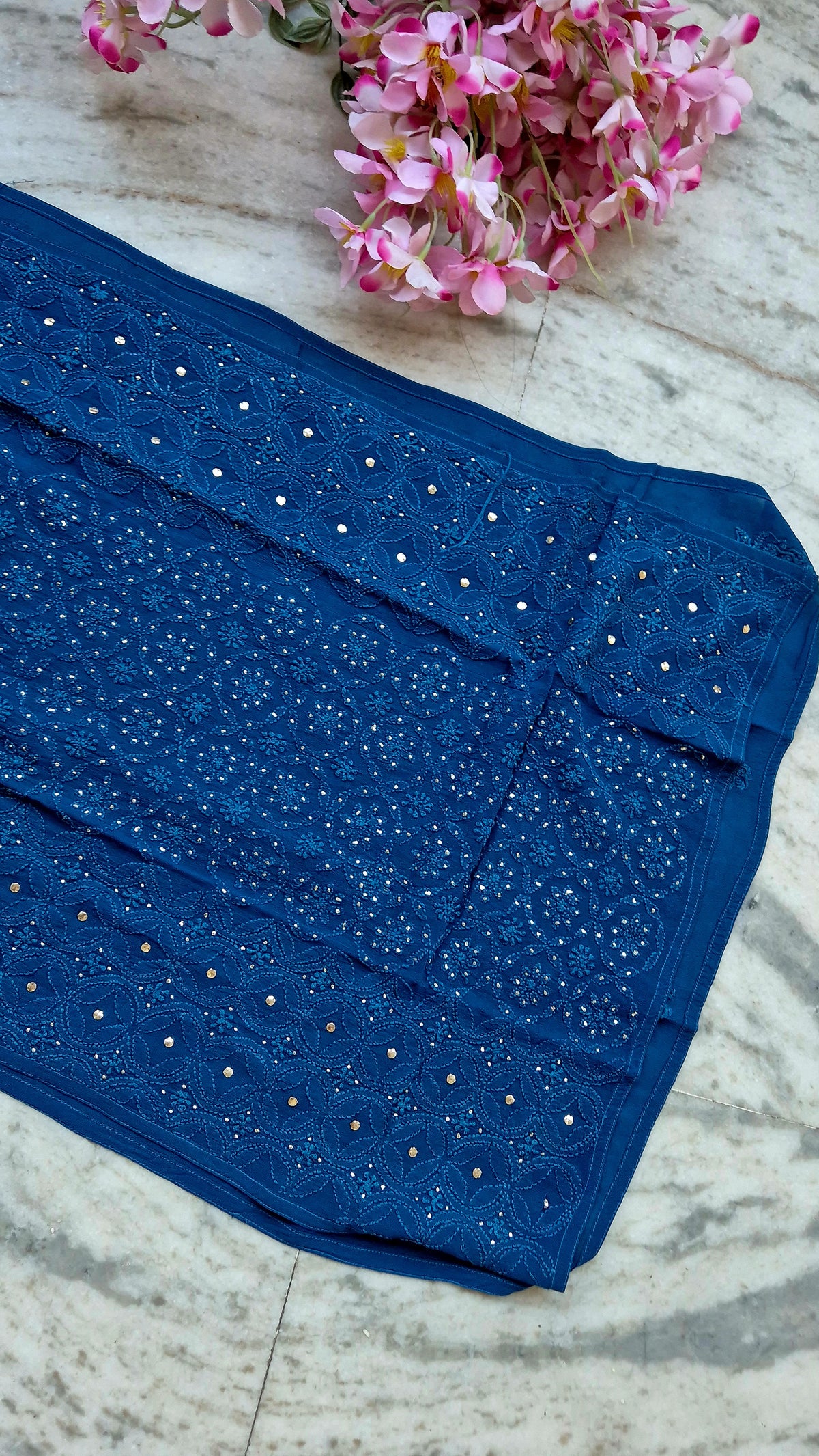 Noori premium georgette long kurti with intricate chikankari and kamdani embroidery, handmade by LVW Fashions in Lucknow.