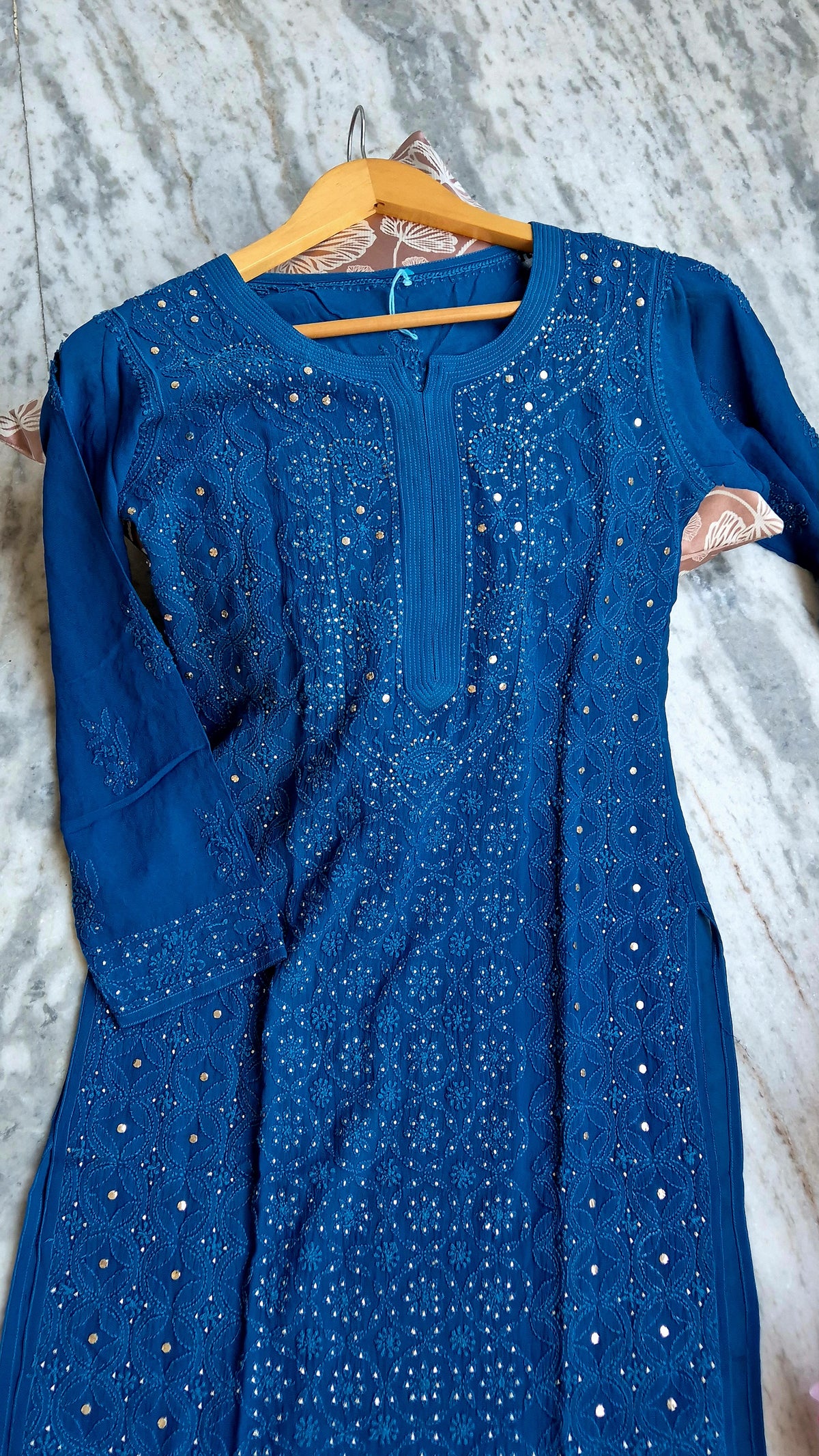 Noori premium georgette long kurti with intricate chikankari and kamdani embroidery, handmade by LVW Fashions in Lucknow.