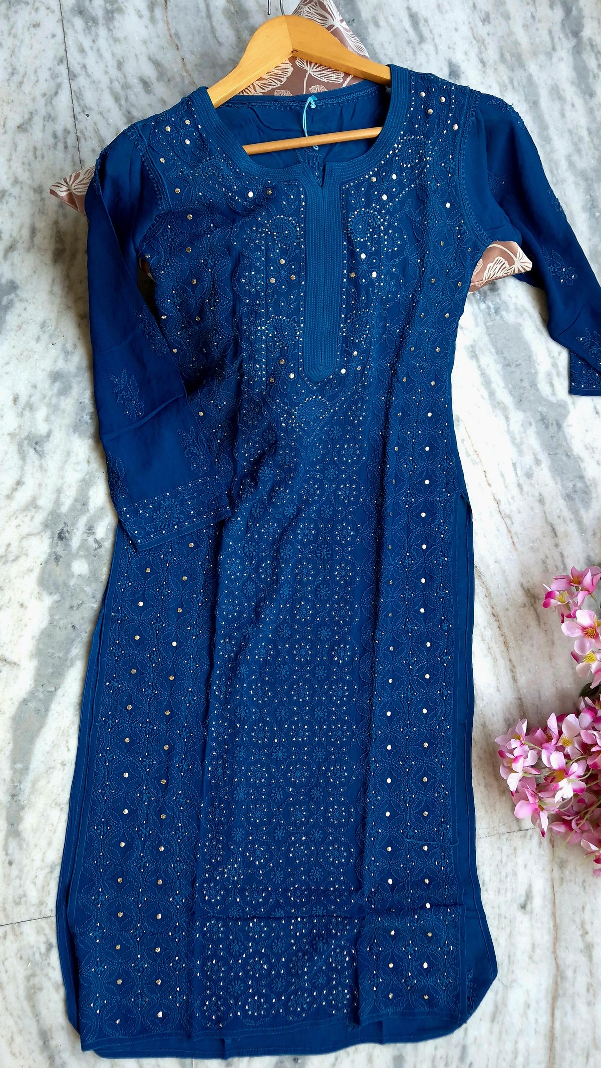 Noori Premium Georgette Chikankari and Kamdani Long Kurti by LVW Fashions, handmade with intricate Lucknow embroidery.