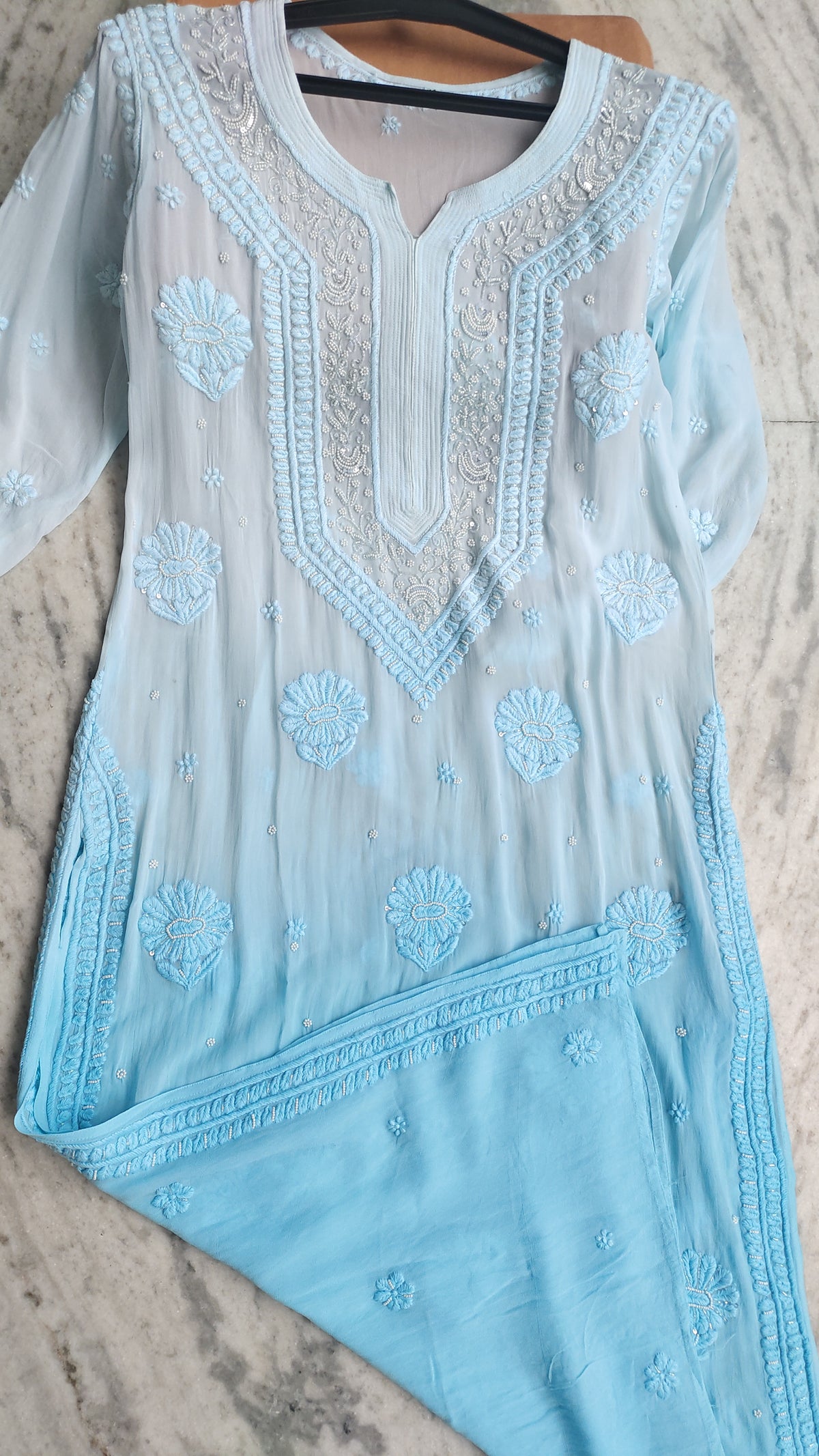 Noori premium georgette ombre chikankari kurta by LVW Fashions, handcrafted Lucknow chikankari design in luxurious fabric.