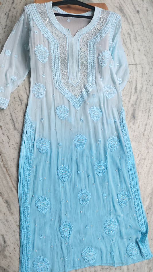 Noori premium georgette ombre Chikankari kurta by LVW Fashions, handmade in Lucknow with intricate embroidery, ready to dispatch.