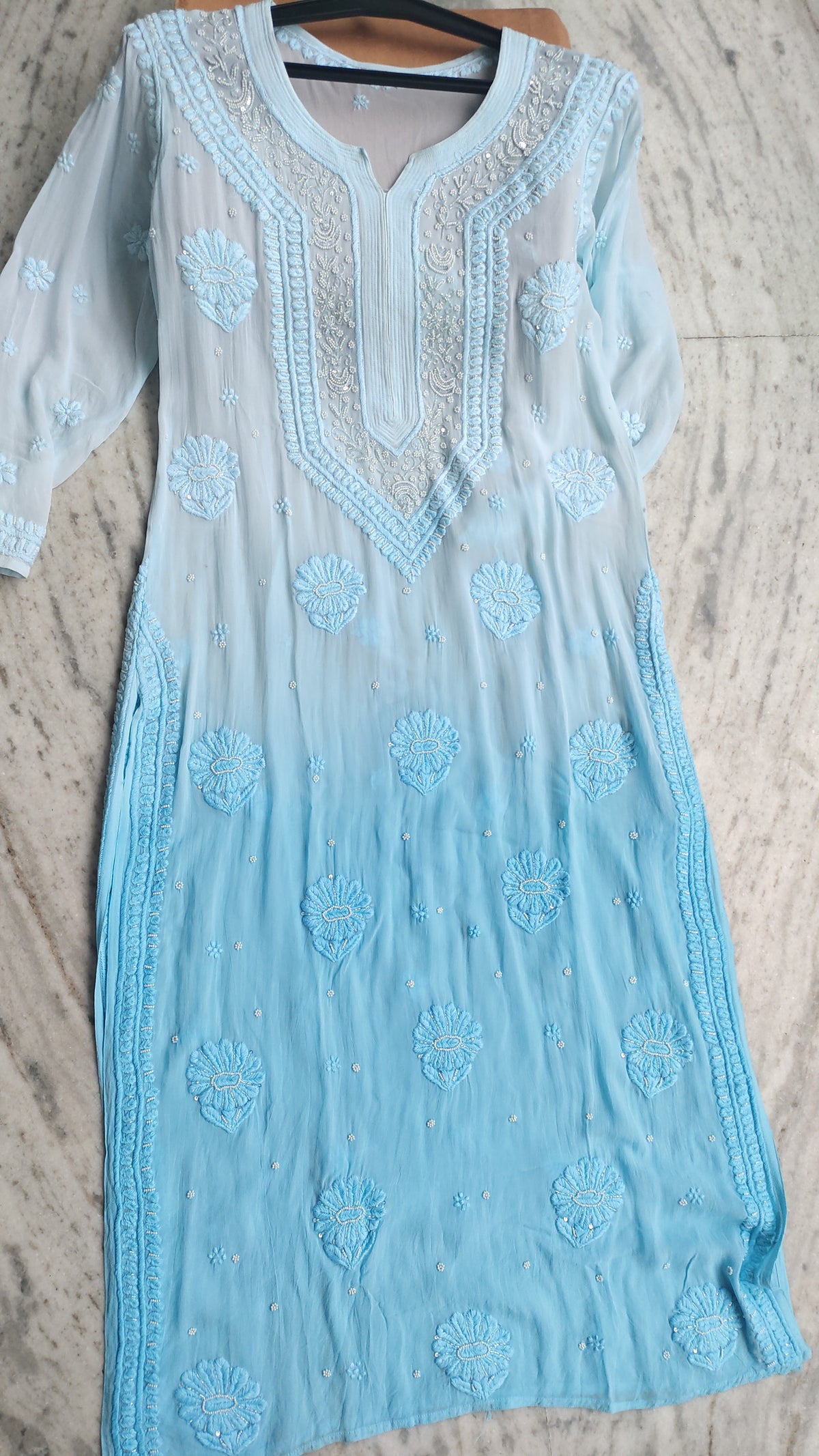 Noori premium georgette ombre chikankari kurta by LVW Fashions, handmade Lucknow chikankari with intricate embroidery, ready to dispatch.