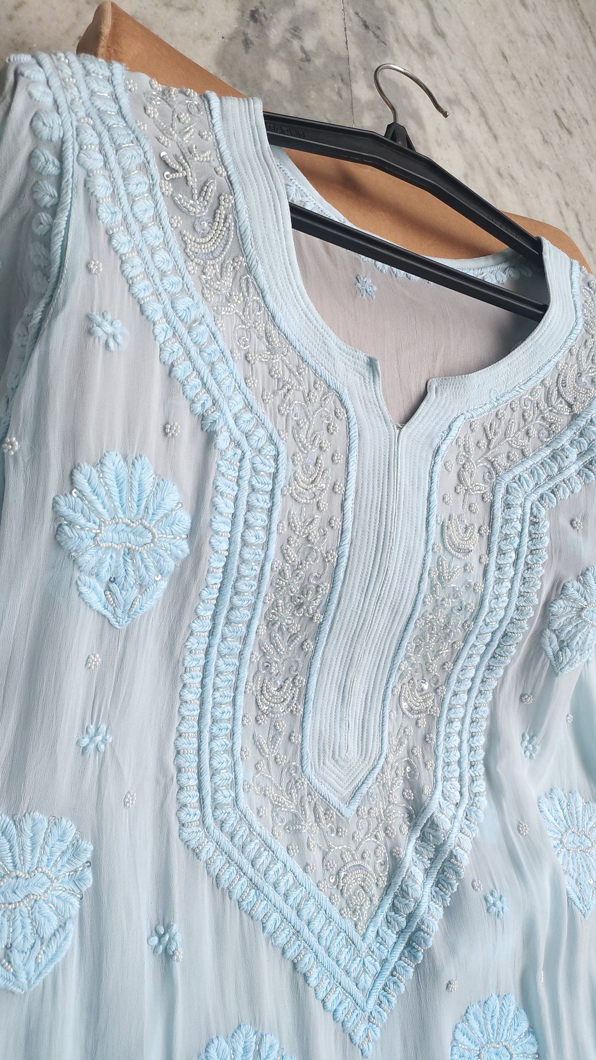 Noori premium georgette luxurious ombre Chikankari kurta by LVW Fashions, handmade in Lucknow, ready to dispatch.
