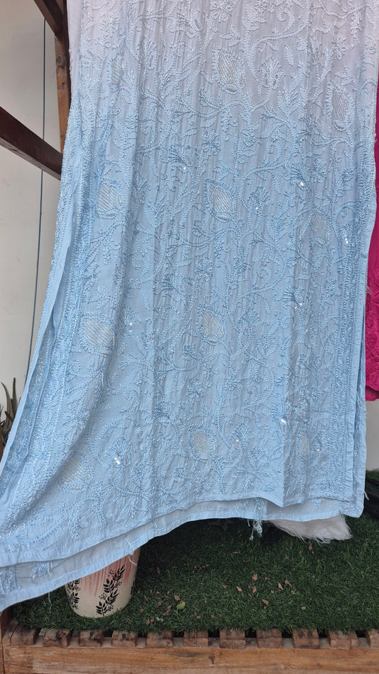 Noori premium mul soft cotton muslin long Chikankari kurta with pearl and cutdana embellishments, handmade in Lucknow by LVW Fashions.
