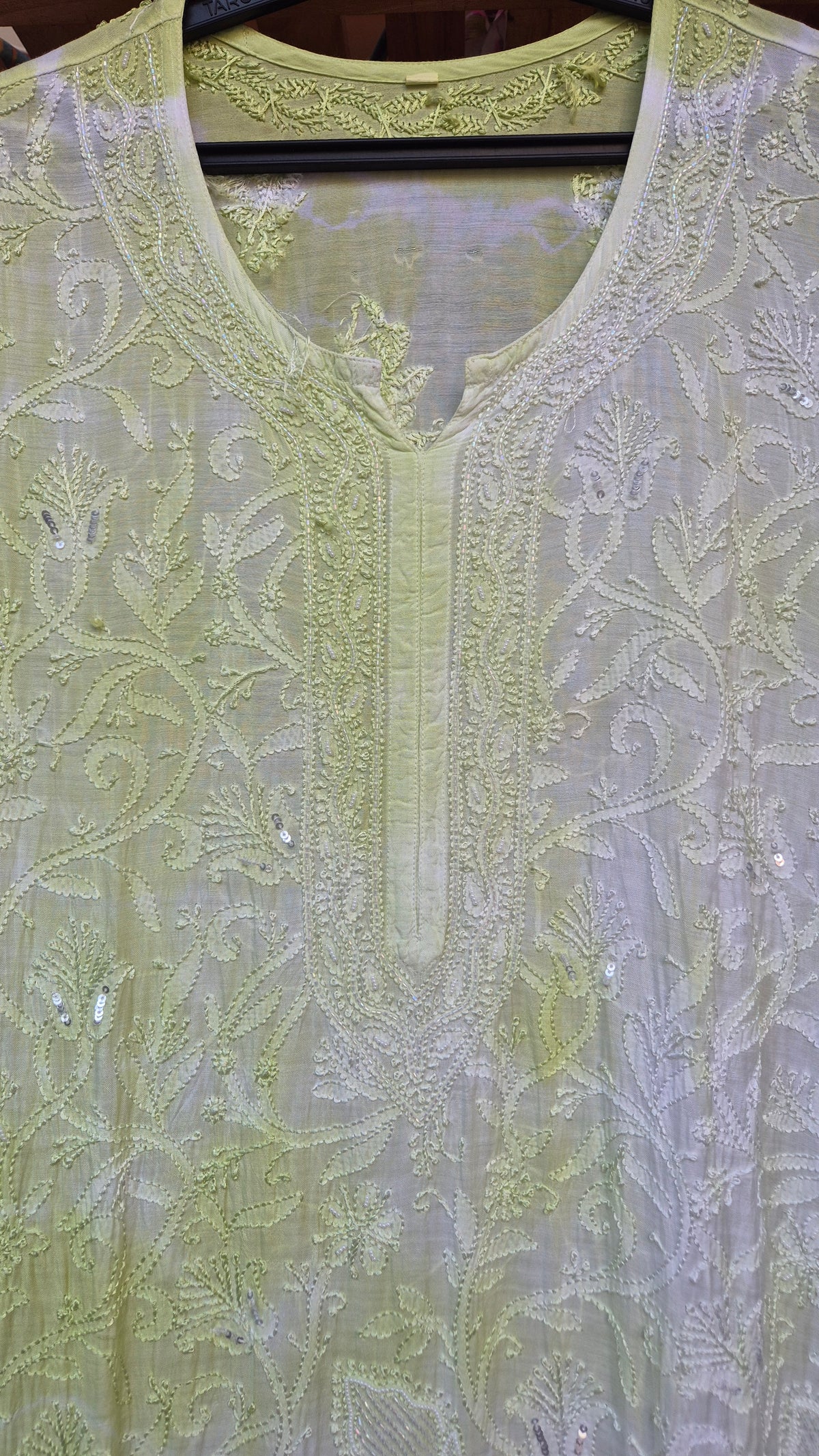 Noori premium long cotton muslin Chikankari Kurta with pearl and cutdana embellishments, handcrafted by LVW Fashions in Lucknow style.