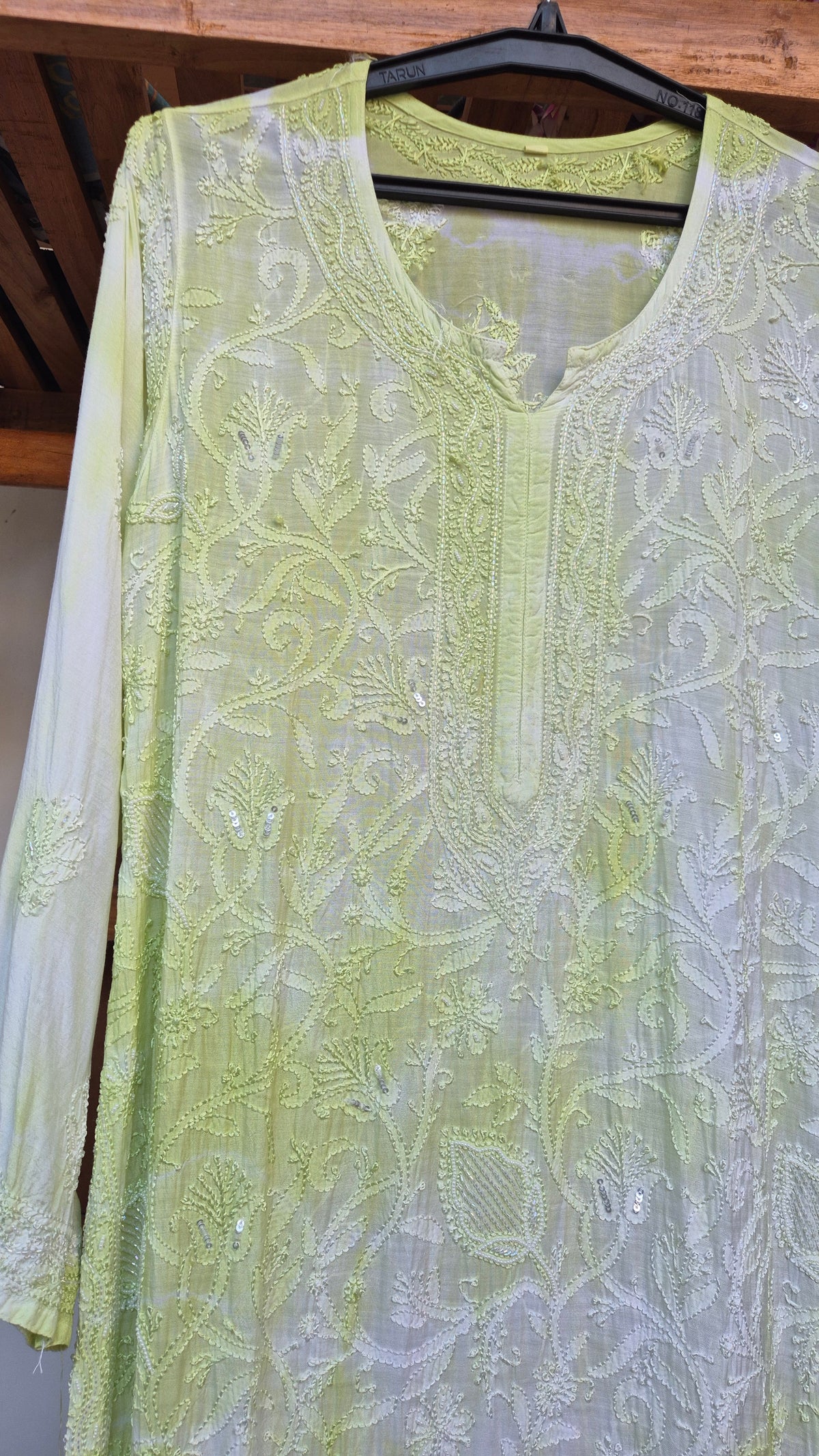 Noori Premium Mul Soft Cotton Muslin Long Chikankari Kurta with Pearl and Cutdana Detail by LVW Fashions, handmade Lucknow Chikankari.