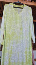 Noori premium soft cotton muslin long Kurta with intricate Lucknow chikankari, pearl and cutdana embellishments, handmade by LVW Fashions.