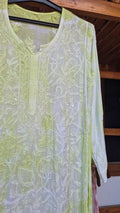 Noori Premium Mul soft cotton muslin long Chikankari Kurta with pearl and cutdana embellishments, handmade by LVW Fashions in Lucknow style.