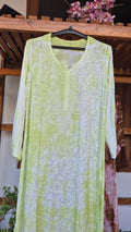 Noori premium mul soft cotton muslin long Chikankari kurta with pearl and cutdana embellishments, handcrafted in Lucknow.