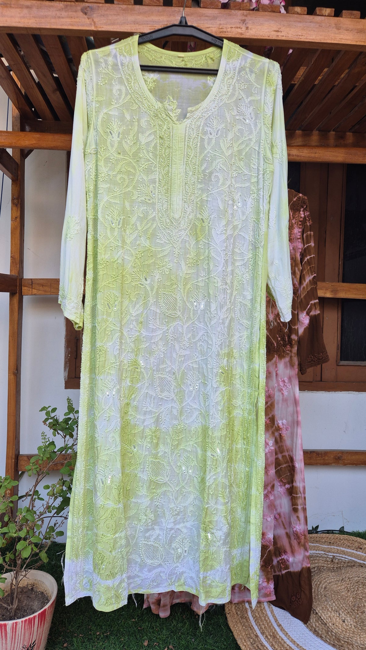 Noori premium mul soft cotton muslin long Chikankari kurta with pearl and cutdana embellishments, handmade in Lucknow by LVW Fashions.