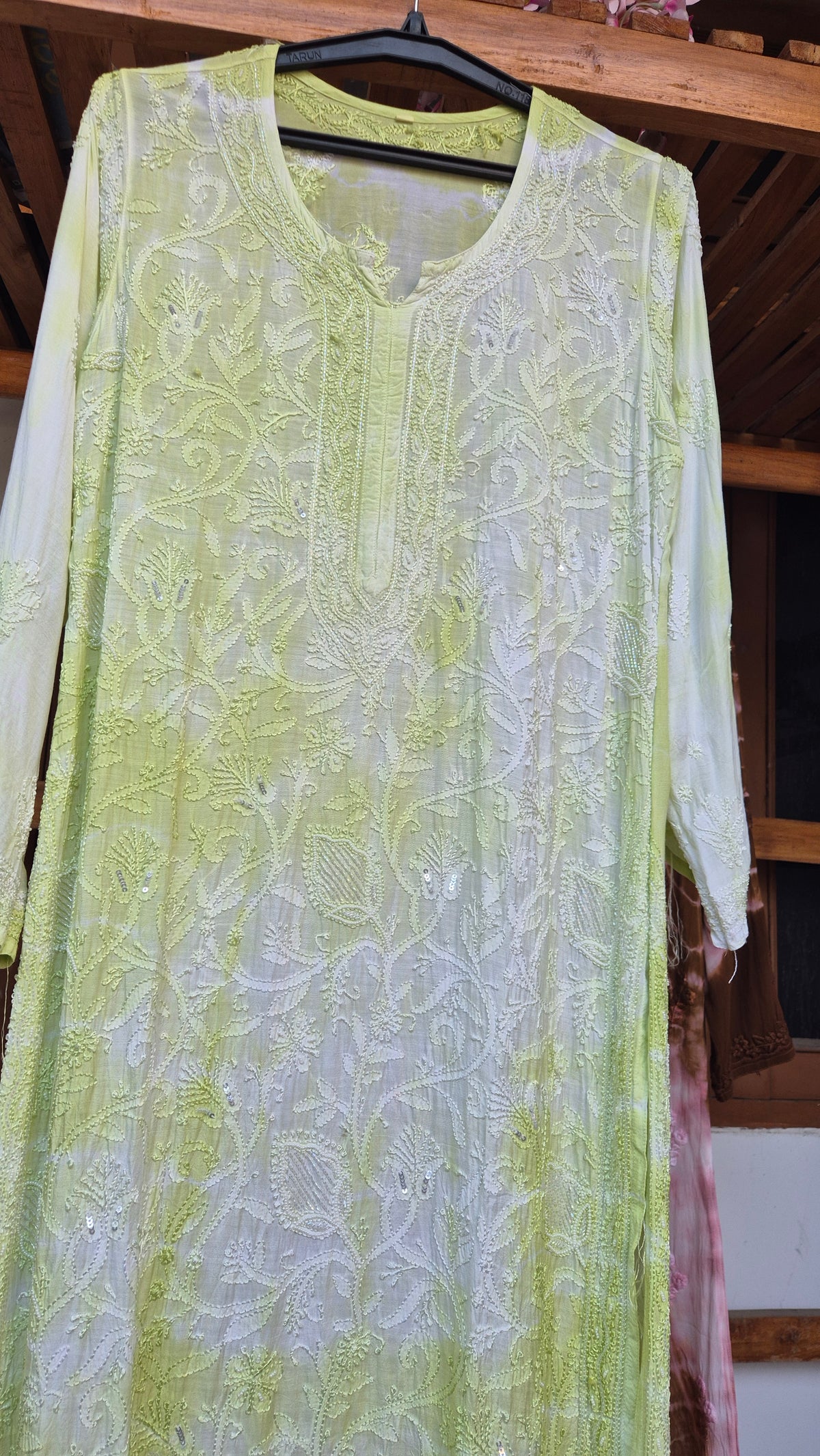 Noori premium mul soft cotton muslin long Chikankari Kurta with pearl and cutdana embellishments, handcrafted by LVW Fashions from Lucknow.