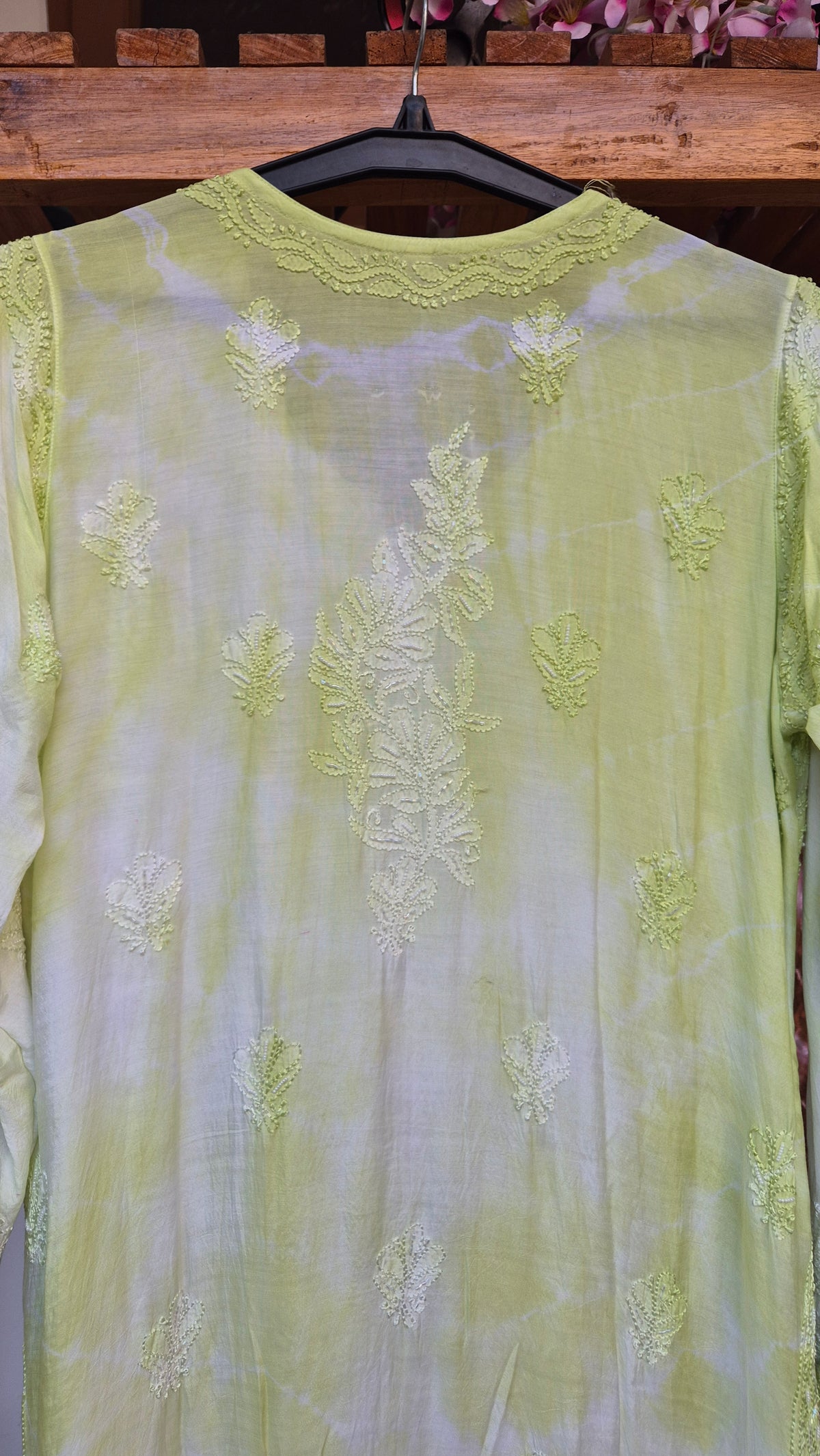 Noori premium mul soft cotton muslin long Chikankari Kurta with pearl and cutdana embellishments, handmade in Lucknow by LVW Fashions.