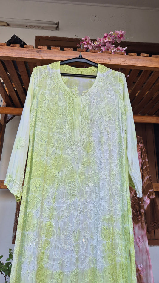 Noori premium mul soft cotton muslin long Chikankari Kurta with pearl and cutdana embellishments, handmade Lucknow Chikankari by LVW Fashions.