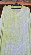 Noori premium mul soft cotton muslin long chikankari kurta with pearl and cutdana embellishments, handmade Lucknow chikankari by LVW Fashions.