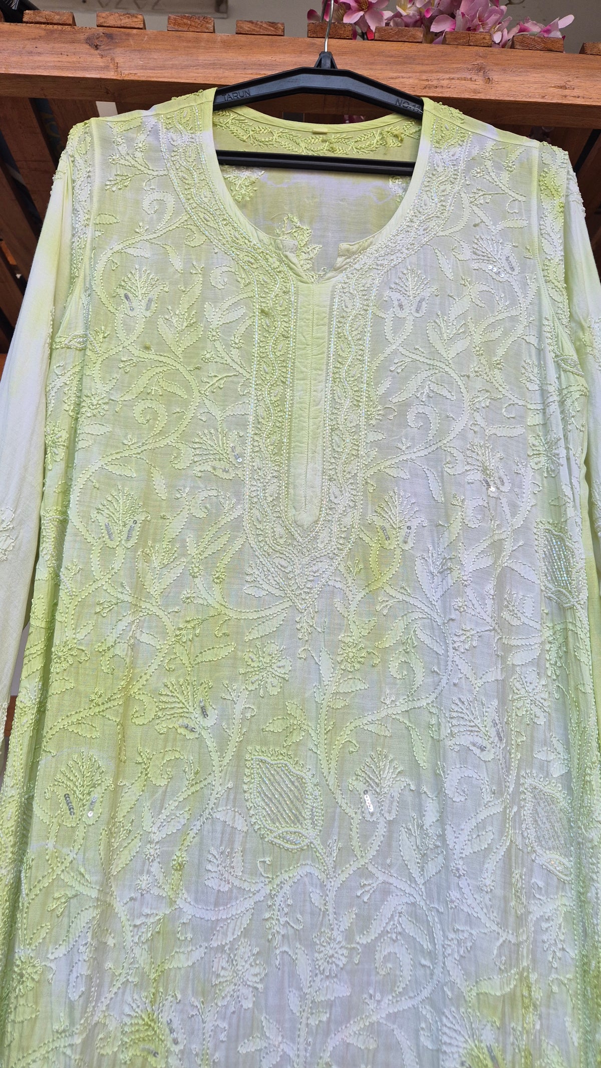 Noori premium mul soft cotton muslin long chikankari kurta with pearl and cutdana embellishments, handmade Lucknow chikankari by LVW Fashions.