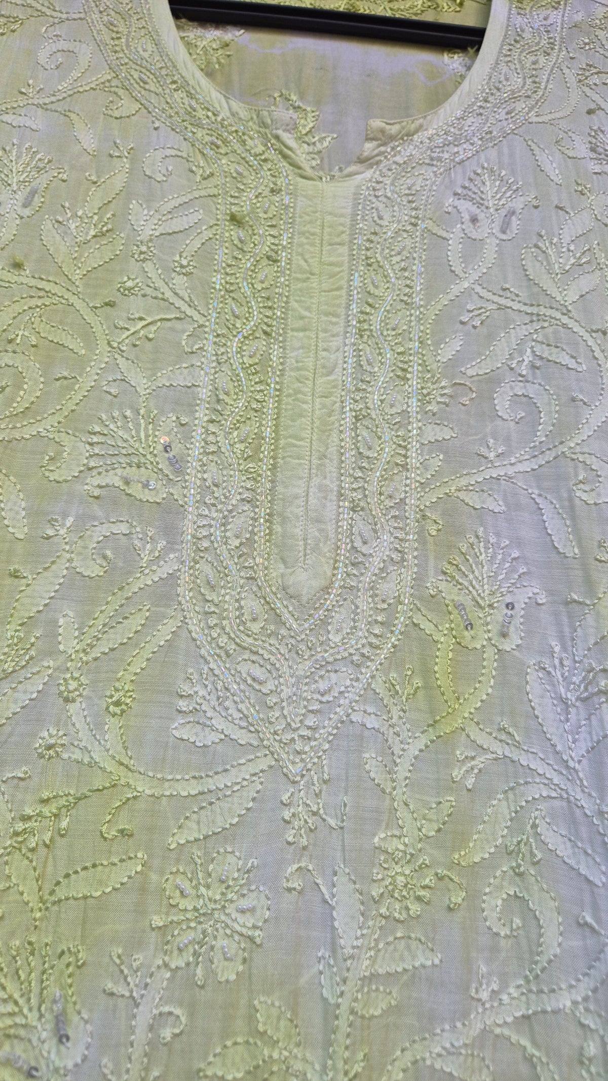 Noori Premium Mul soft cotton muslin long Chikankari Kurta with pearl and cutdana embellishments, handcrafted by LVW Fashions.