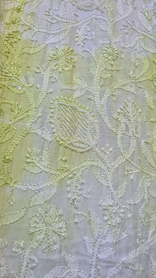 Noori premium mul soft cotton muslin long Chikankari kurta with pearl and cutdana embellishments, handmade in Lucknow by LVW Fashions.