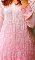 Noori Premium Mul soft cotton muslin long Chikankari Kurta with pearl and cutdana embellishments, handmade Lucknow Chikankari by LVW Fashions.