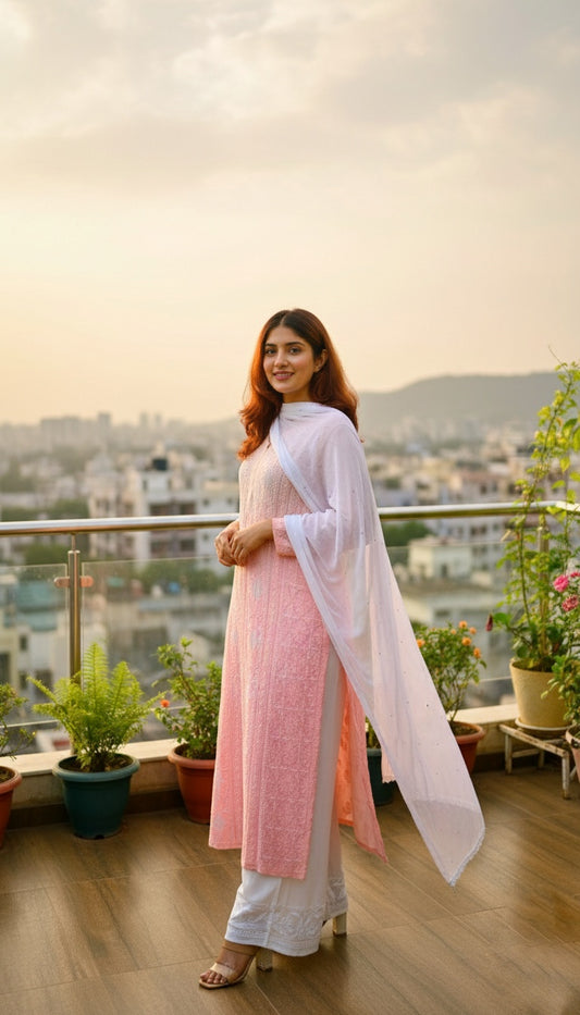 Noori premium mul soft cotton muslin long Chikankari kurta with pearl and cutdana embellishments, handmade in Lucknow by LVW Fashions.