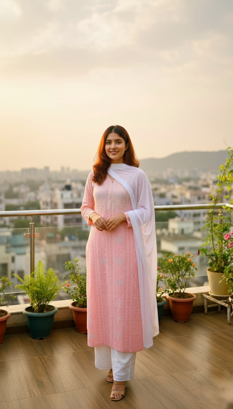 Noori Premium Mul soft cotton muslin long Chikankari kurta with pearl and cutdana embellishments, handmade Lucknow Chikankari by LVW Fashions.