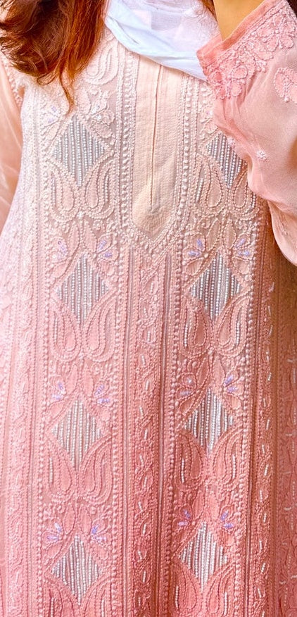 Noori premium mul soft cotton muslin long Chikankari Kurta with pearl and cutdana embellishments from LVW Fashions, handmade Lucknow Chikankari.