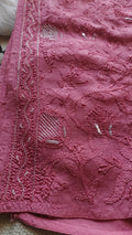 Noori premium mul soft cotton muslin long Chikankari Kurta with pearl and cutdana embellishments, handmade Lucknow Chikankari by LVW Fashions.
