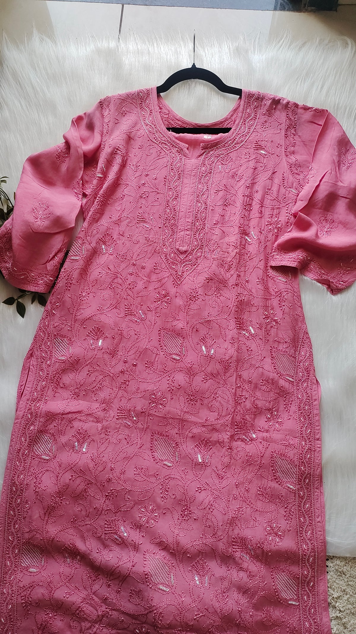 Noori Premium Mul Soft Cotton Muslin Long Chikankari Kurta with Pearl and Cutdana Add-On, handmade in Lucknow by LVW Fashions.
