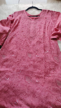 Noori premium mul soft cotton muslin long Chikankari Kurta with pearl and cutdana embellishments, handmade in Lucknow by LVW Fashions.