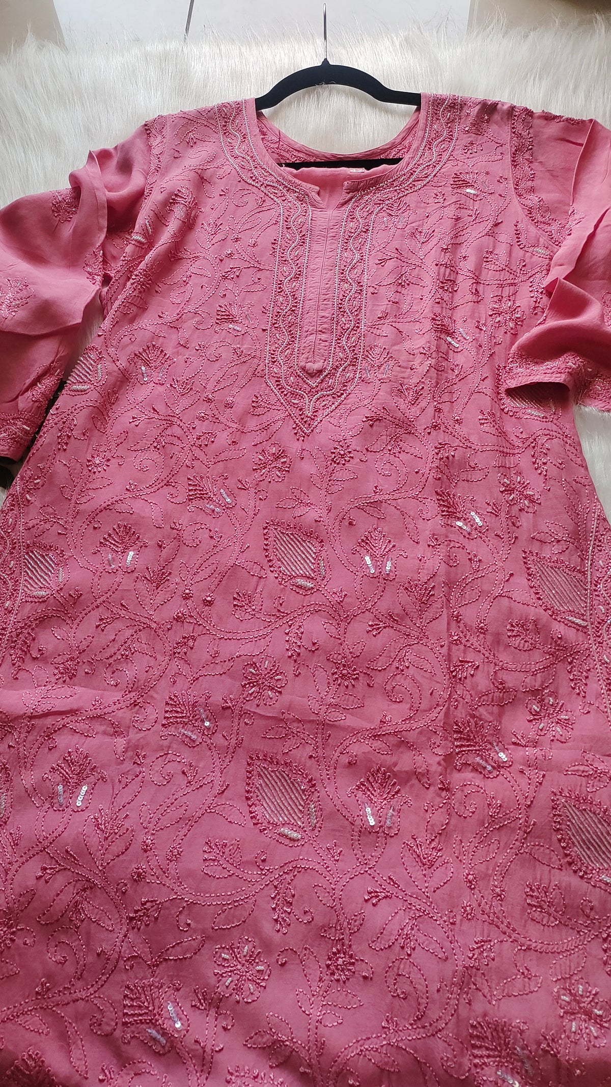 Noori premium mul soft cotton muslin long Chikankari Kurta with pearl and cutdana embellishments, handmade in Lucknow by LVW Fashions.