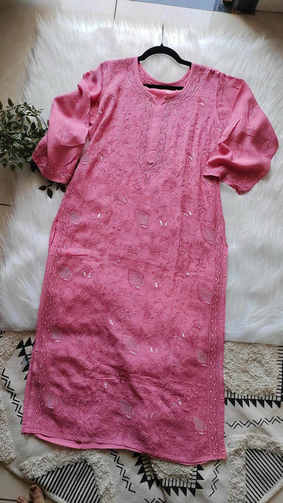 Noori premium mul soft cotton muslin long Chikankari Kurta with pearl and cutdana embellishments, handmade Lucknow Chikankari by LVW Fashions.