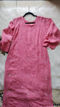 Noori premium mul soft cotton muslin long Chikankari Kurta with pearl and cutdana embellishments, handmade Lucknow Chikankari by LVW Fashions.