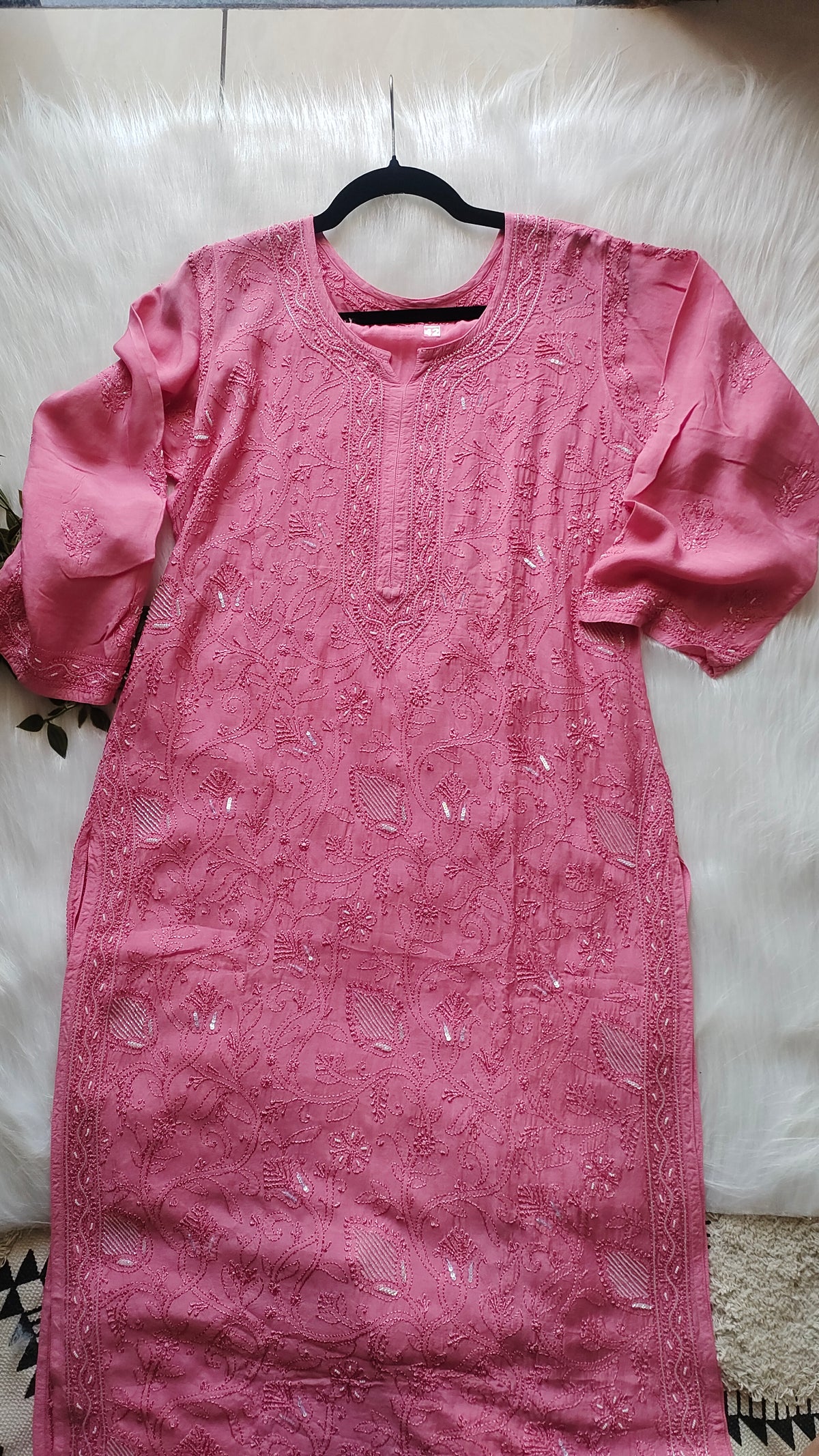 Noori premium mul soft cotton muslin long Chikankari Kurta with pearl and cutdana embellishments, handmade Lucknow Chikankari by LVW Fashions.