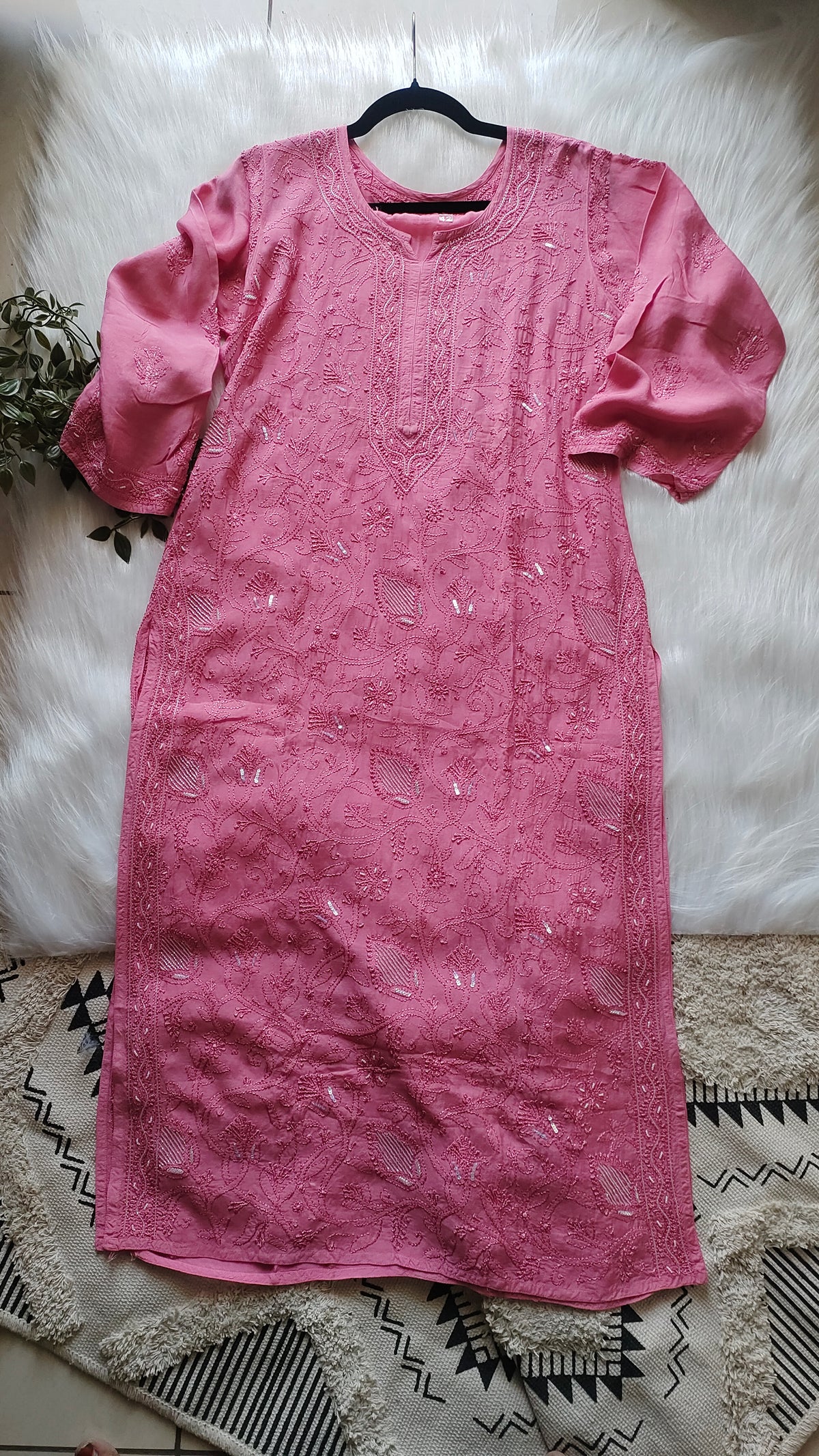 Noori premium mul soft cotton muslin long Chikankari Kurta with pearl and cutdana embellishments, handmade in Lucknow by LVW Fashions.
